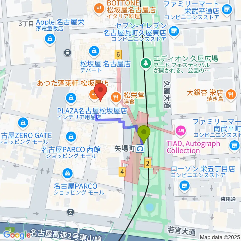 松坂屋美術館の最寄駅矢場町駅からの徒歩ルート（約2分）地図