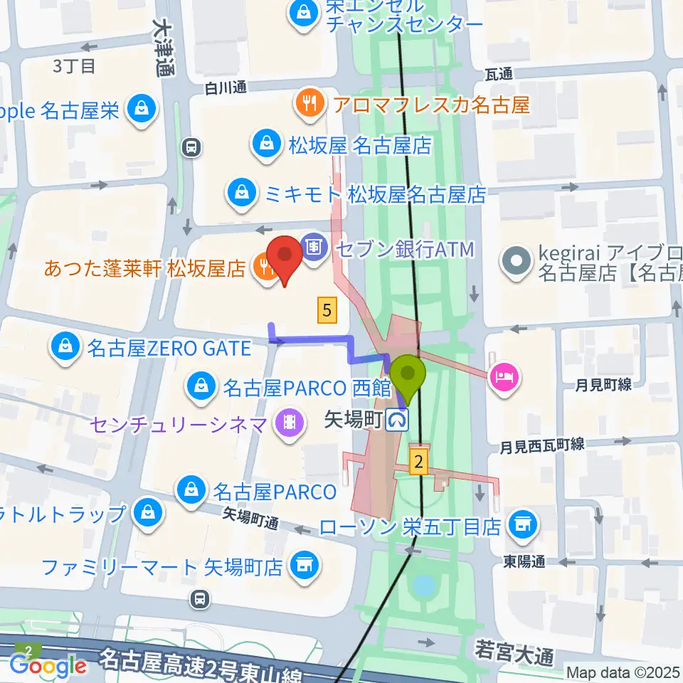 松坂屋美術館の最寄駅矢場町駅からの徒歩ルート（約2分）地図