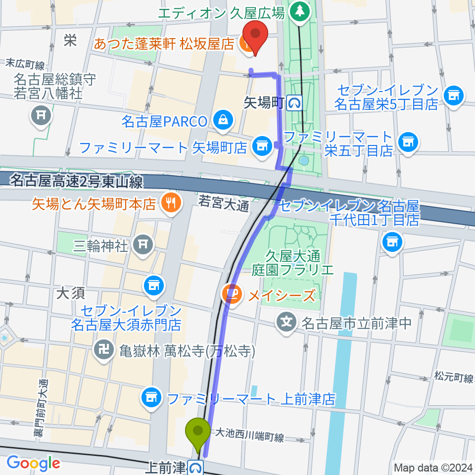 上前津駅から松坂屋美術館へのルートマップ地図