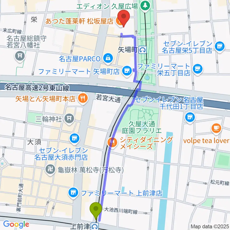 上前津駅から松坂屋美術館へのルートマップ地図