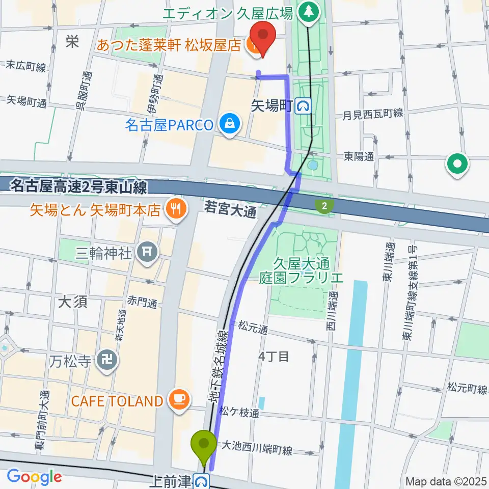 上前津駅から松坂屋美術館へのルートマップ地図
