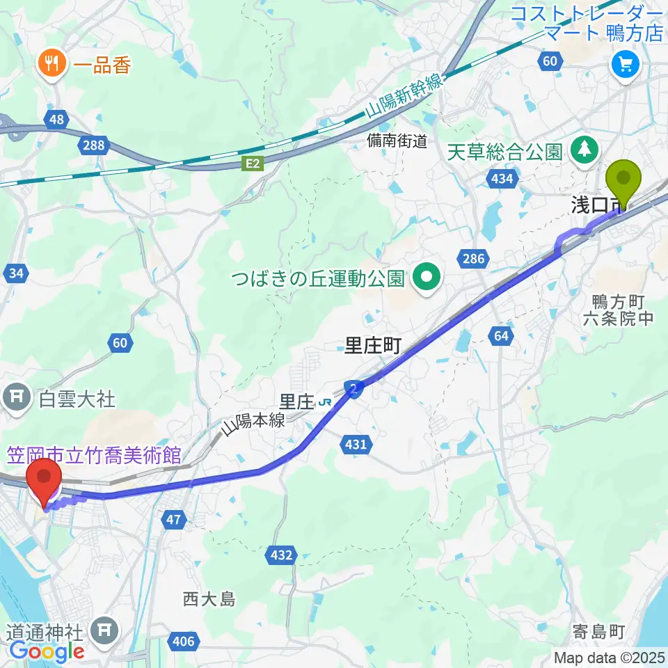 鴨方駅から笠岡市立竹喬美術館へのルートマップ地図