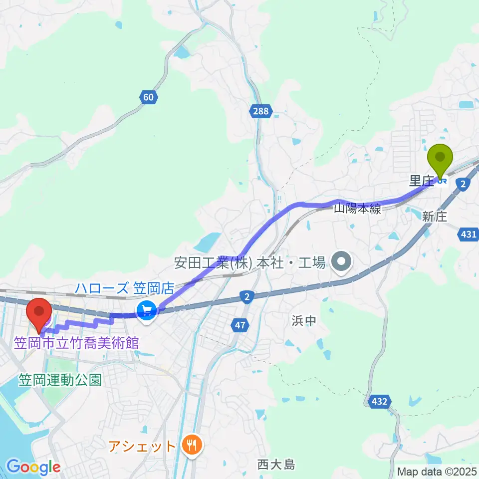 里庄駅から笠岡市立竹喬美術館へのルートマップ地図
