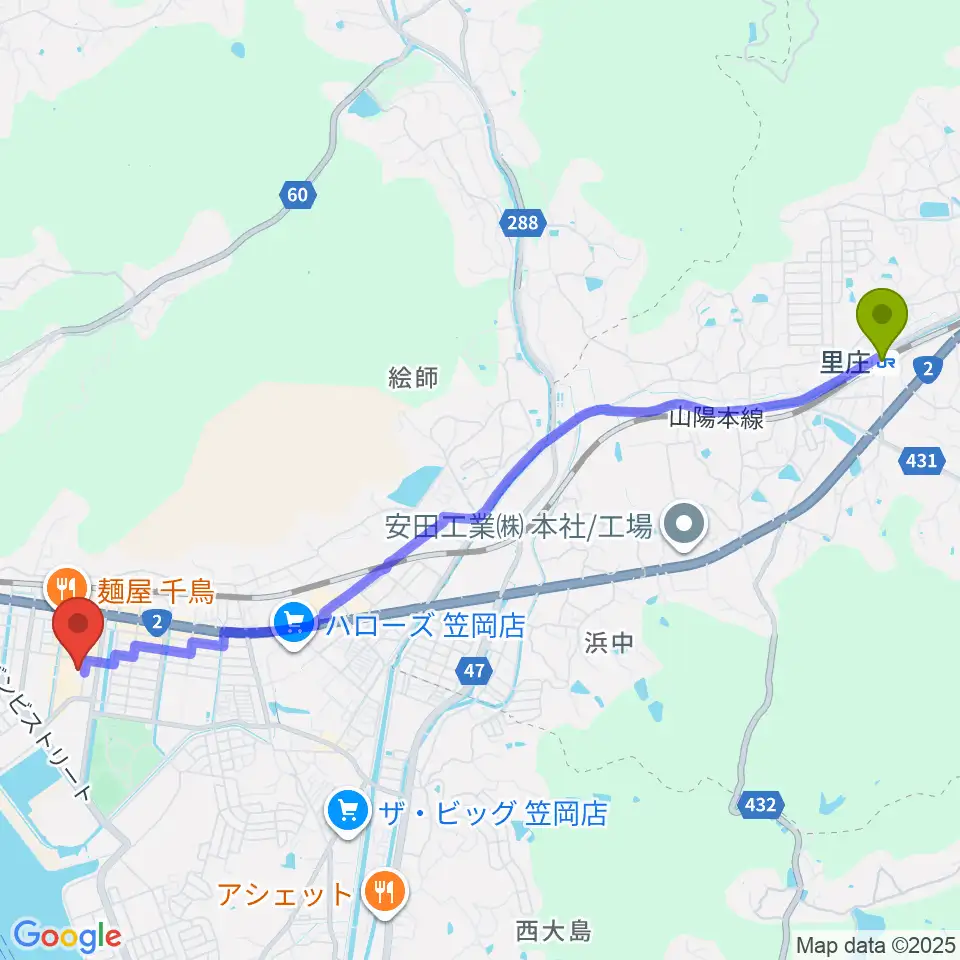 里庄駅から笠岡市立竹喬美術館へのルートマップ地図