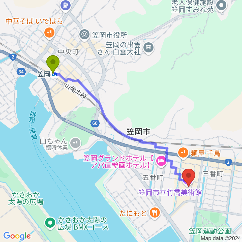 笠岡市立竹喬美術館の最寄駅笠岡駅からの徒歩ルート（約23分）地図