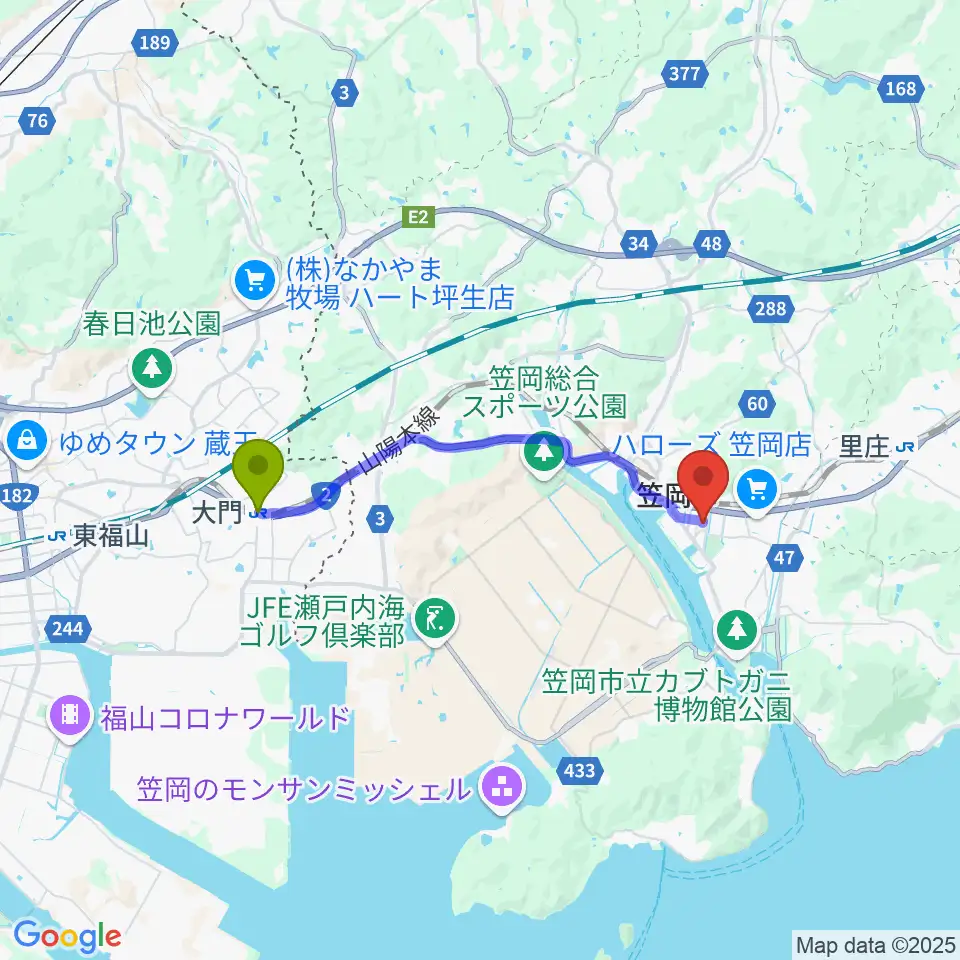 大門駅から笠岡市立竹喬美術館へのルートマップ地図