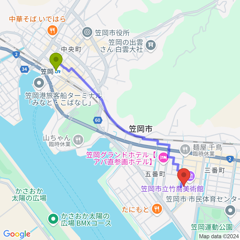 笠岡市民会館の最寄駅笠岡駅からの徒歩ルート（約23分）地図