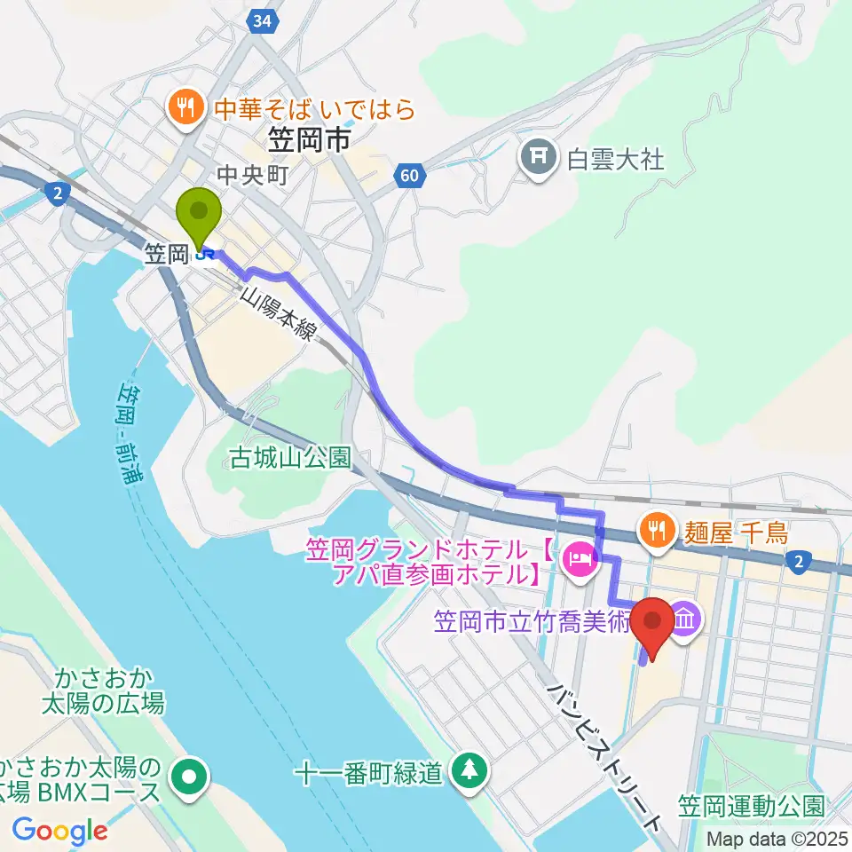 笠岡市民会館の最寄駅笠岡駅からの徒歩ルート（約23分）地図