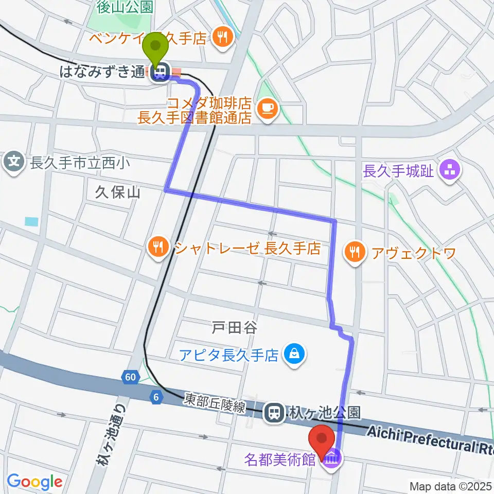 はなみずき通駅から名都美術館へのルートマップ地図