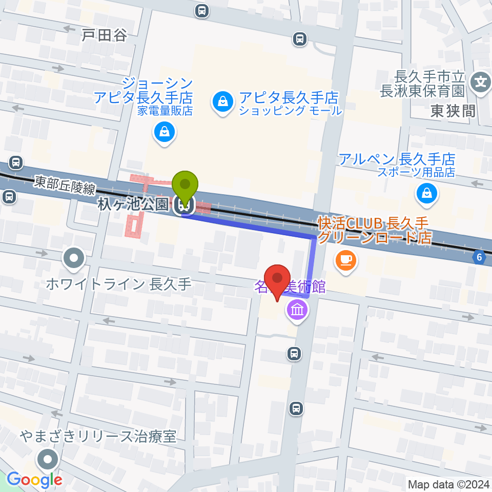 名都美術館の最寄駅杁ヶ池公園駅からの徒歩ルート（約2分）地図