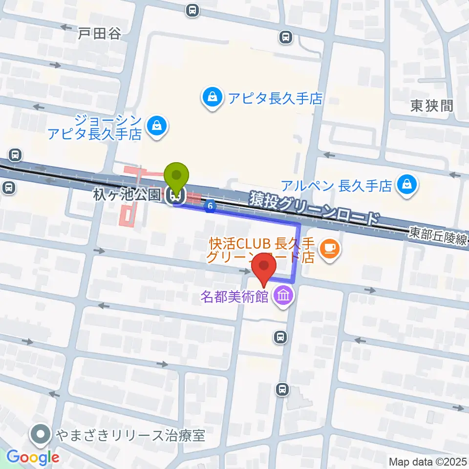 名都美術館の最寄駅杁ヶ池公園駅からの徒歩ルート（約2分）地図