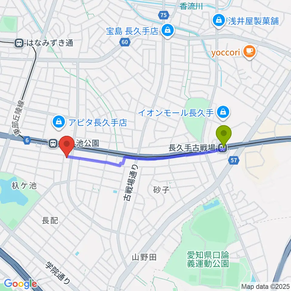 長久手古戦場駅から名都美術館へのルートマップ地図