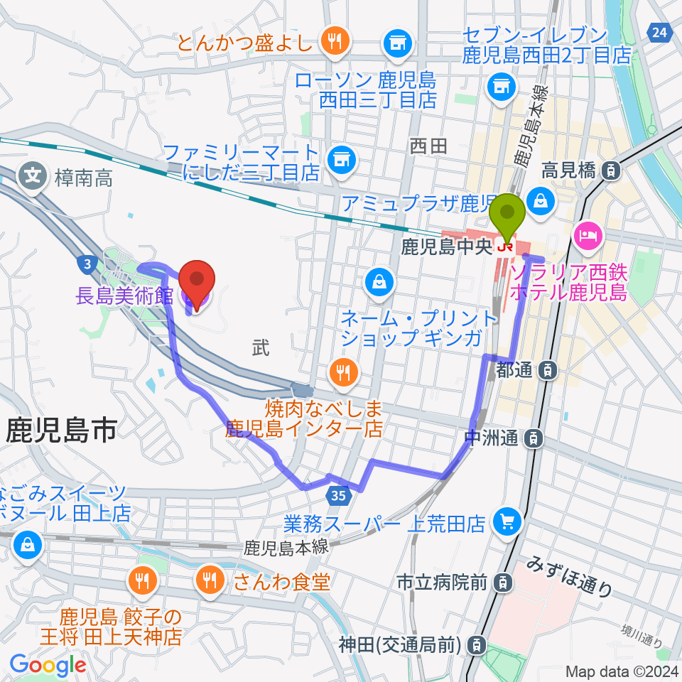 長島美術館の最寄駅鹿児島中央駅からの徒歩ルート（約15分）地図