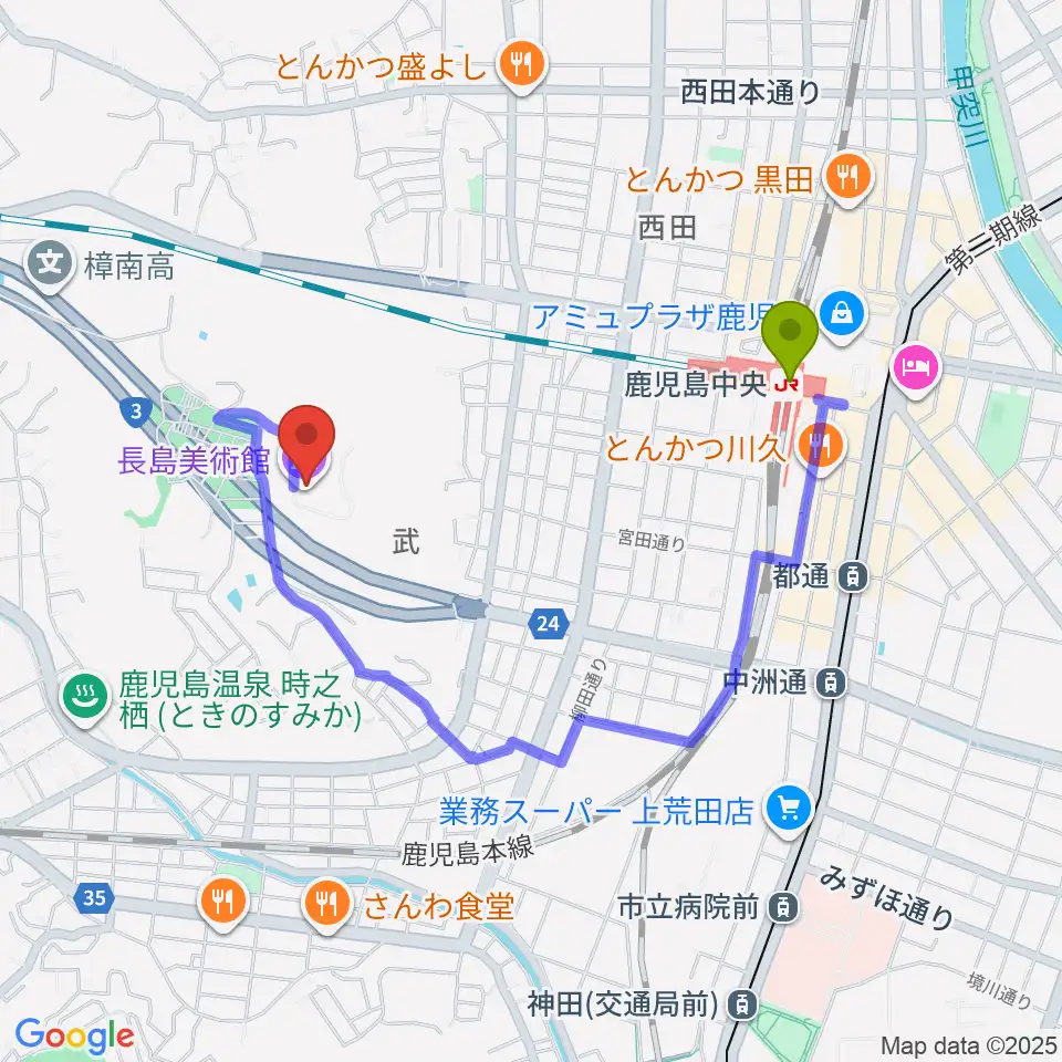 長島美術館の最寄駅鹿児島中央駅からの徒歩ルート（約15分）地図