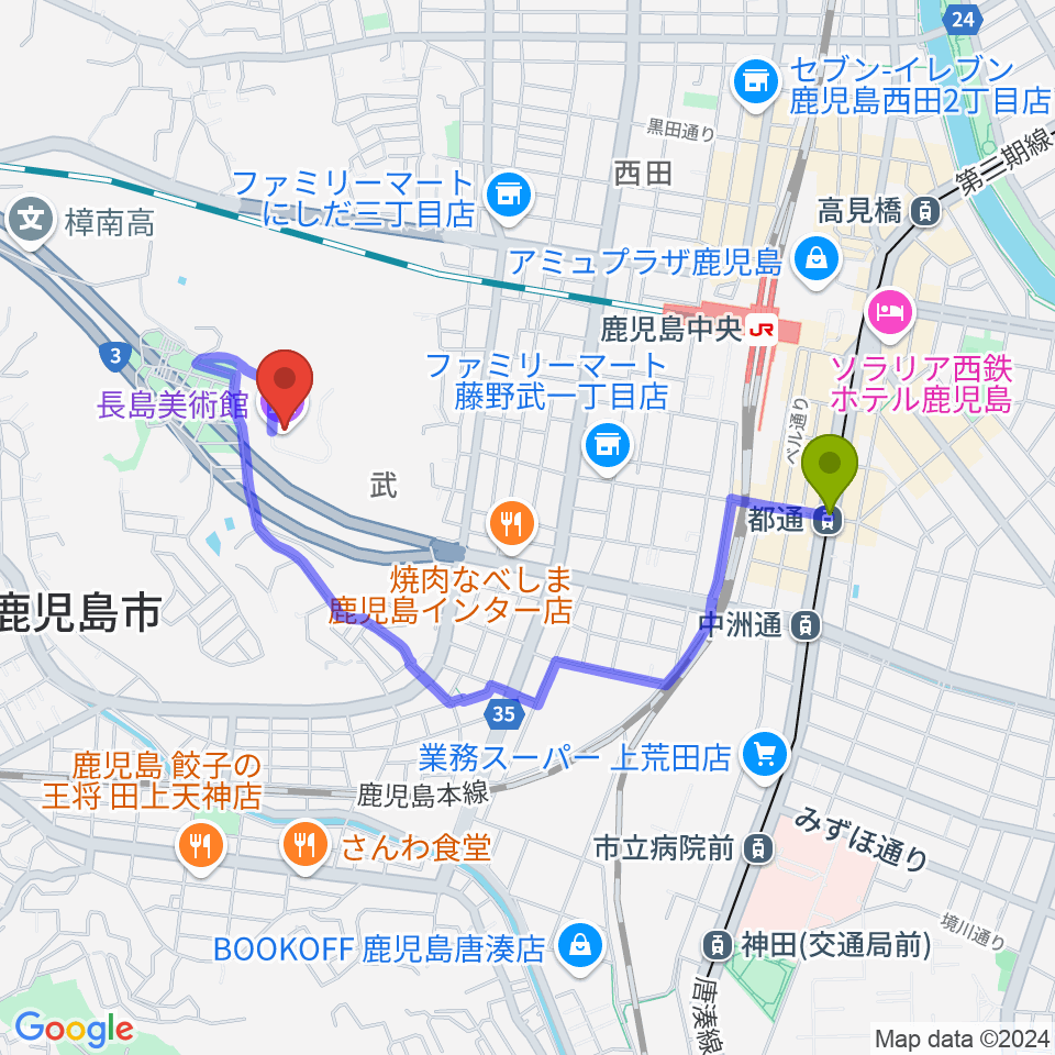 都通駅から長島美術館へのルートマップ地図