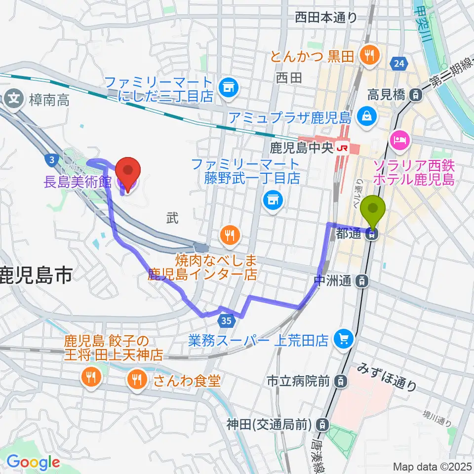 都通駅から長島美術館へのルートマップ地図
