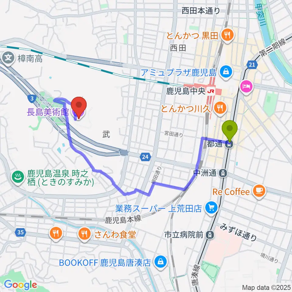 都通駅から長島美術館へのルートマップ地図