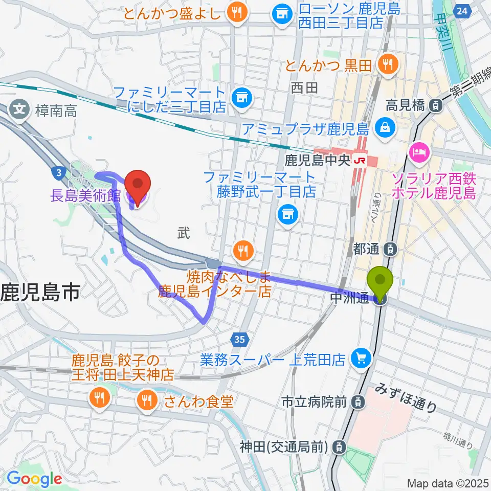 中洲通駅から長島美術館へのルートマップ地図