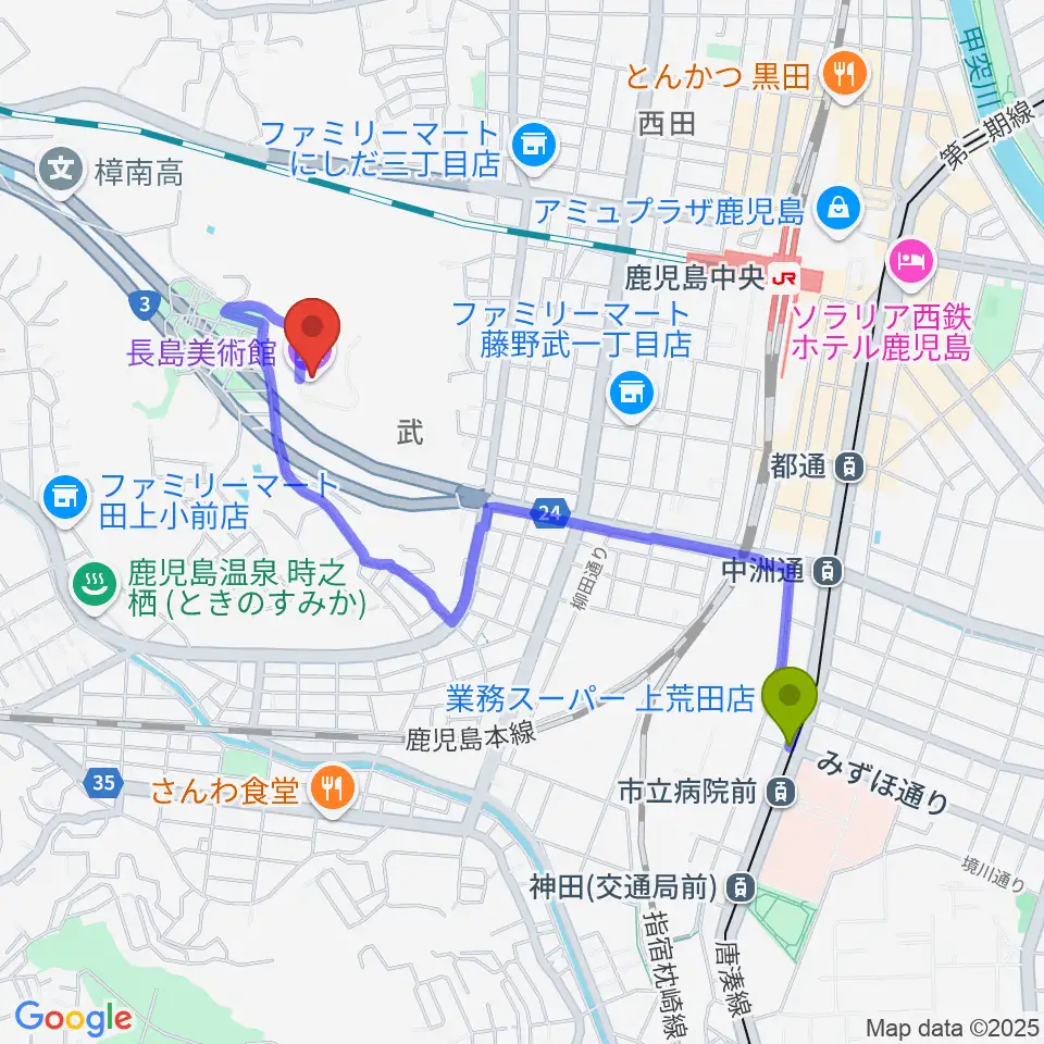 市立病院前駅から長島美術館へのルートマップ地図