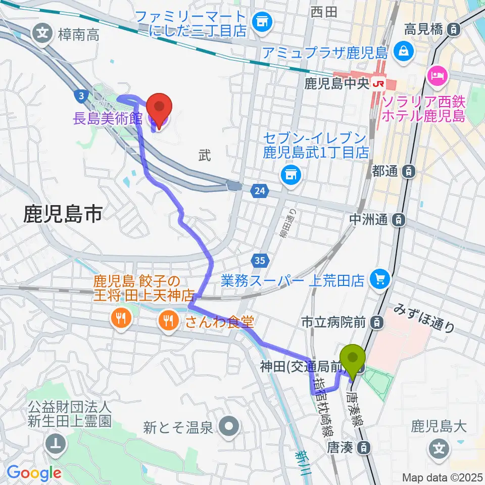 神田（交通局前）駅から長島美術館へのルートマップ地図