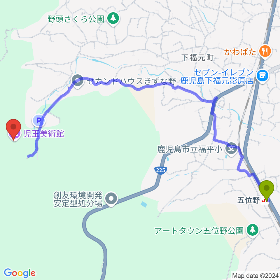 児玉美術館の最寄駅五位野駅からの徒歩ルート（約30分）地図