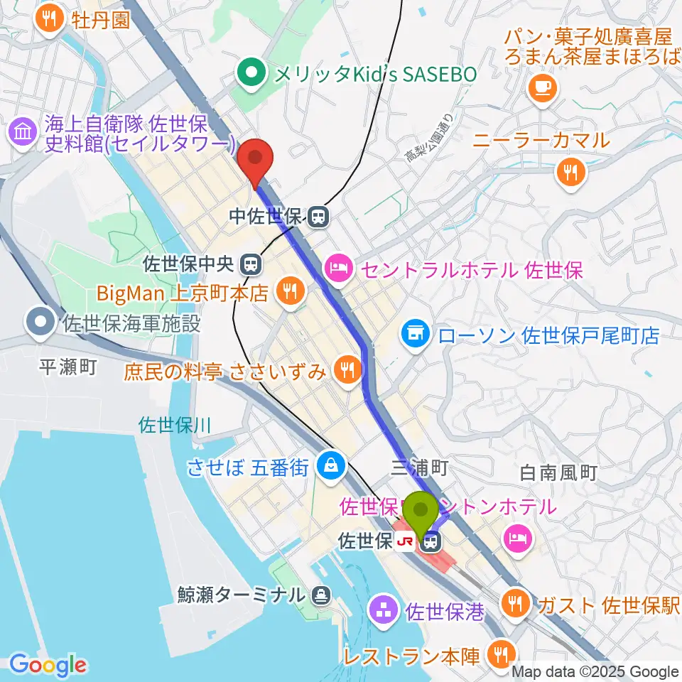 佐世保駅から佐世保市博物館島瀬美術センターへのルートマップ地図