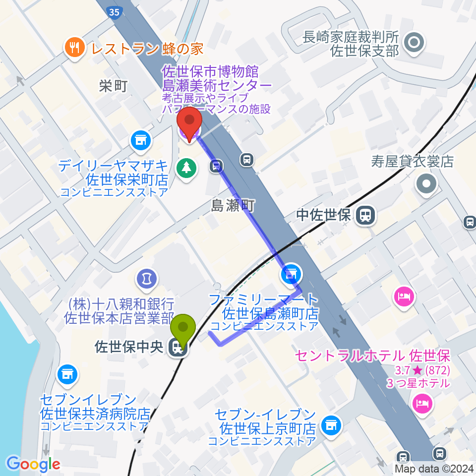 佐世保中央駅から佐世保市博物館島瀬美術センターへのルートマップ地図