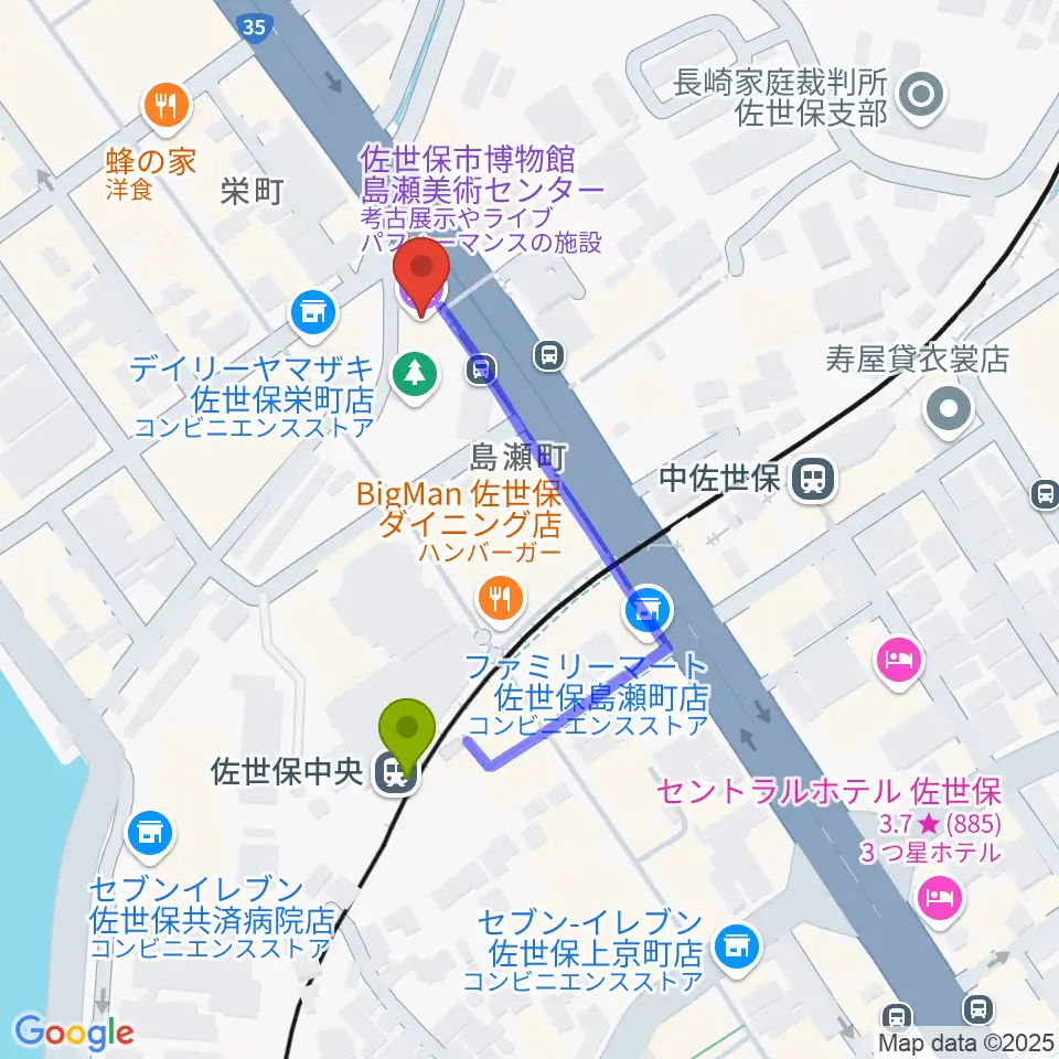 佐世保中央駅から佐世保市博物館島瀬美術センターへのルートマップ地図