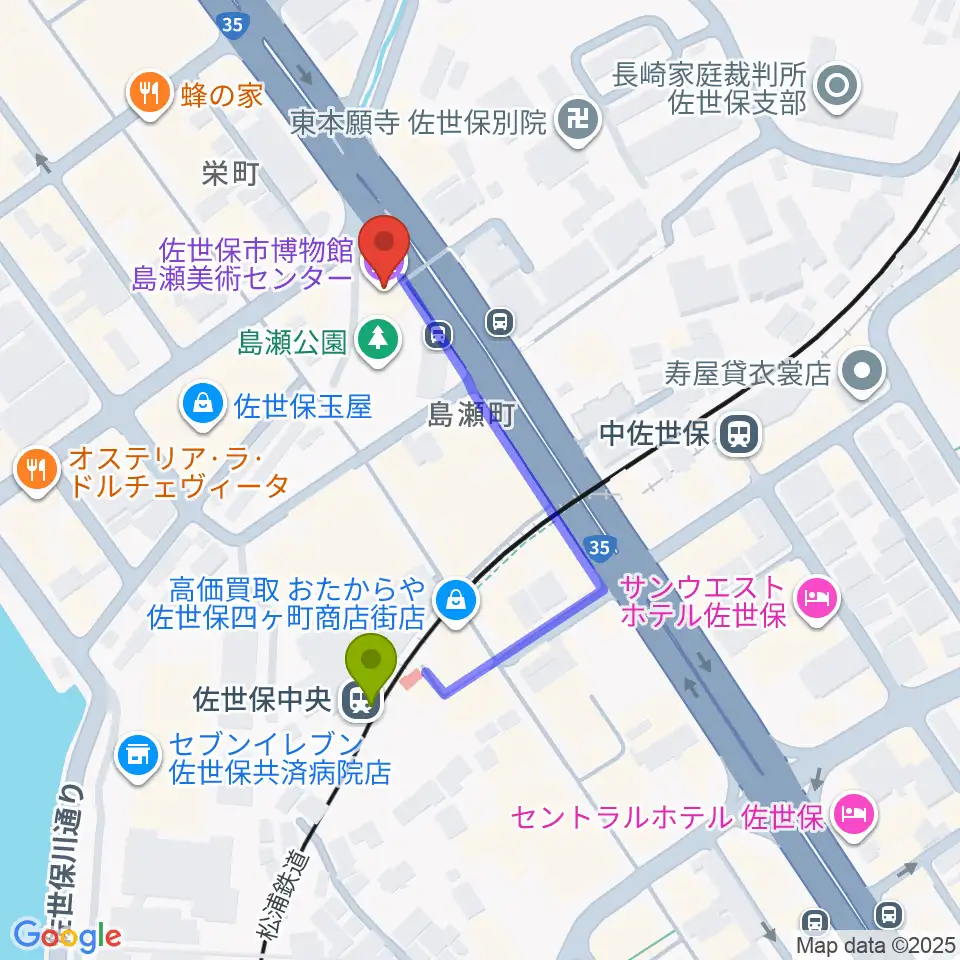 佐世保中央駅から佐世保市博物館島瀬美術センターへのルートマップ地図