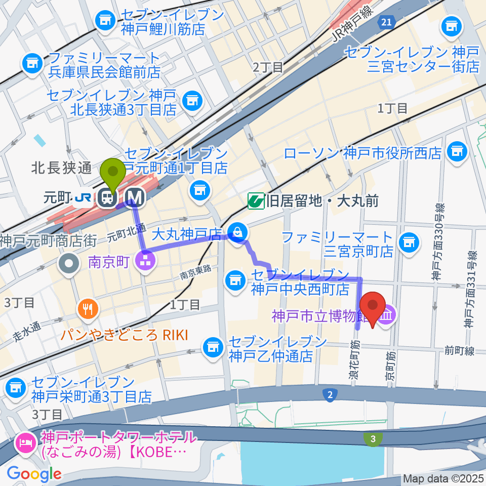 元町駅から神戸市立博物館へのルートマップ地図