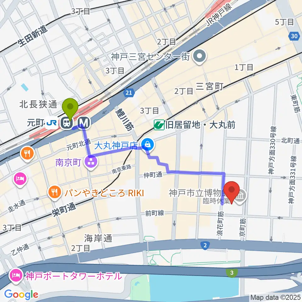 元町駅から神戸市立博物館へのルートマップ地図