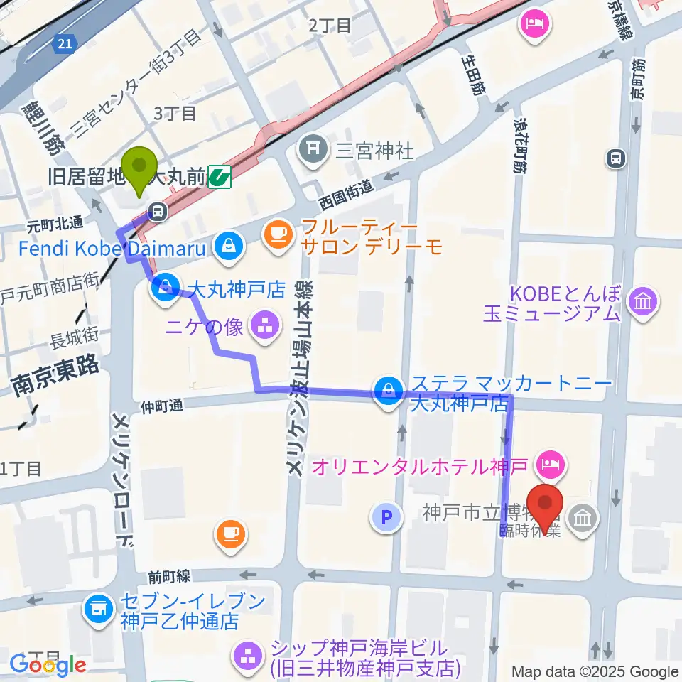 神戸市立博物館の最寄駅旧居留地・大丸前駅からの徒歩ルート（約6分）地図