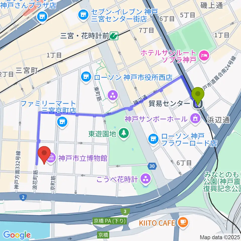 貿易センター駅から神戸市立博物館へのルートマップ地図