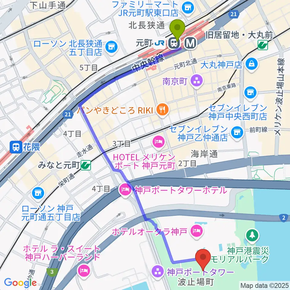 元町駅から神戸海洋博物館へのルートマップ地図
