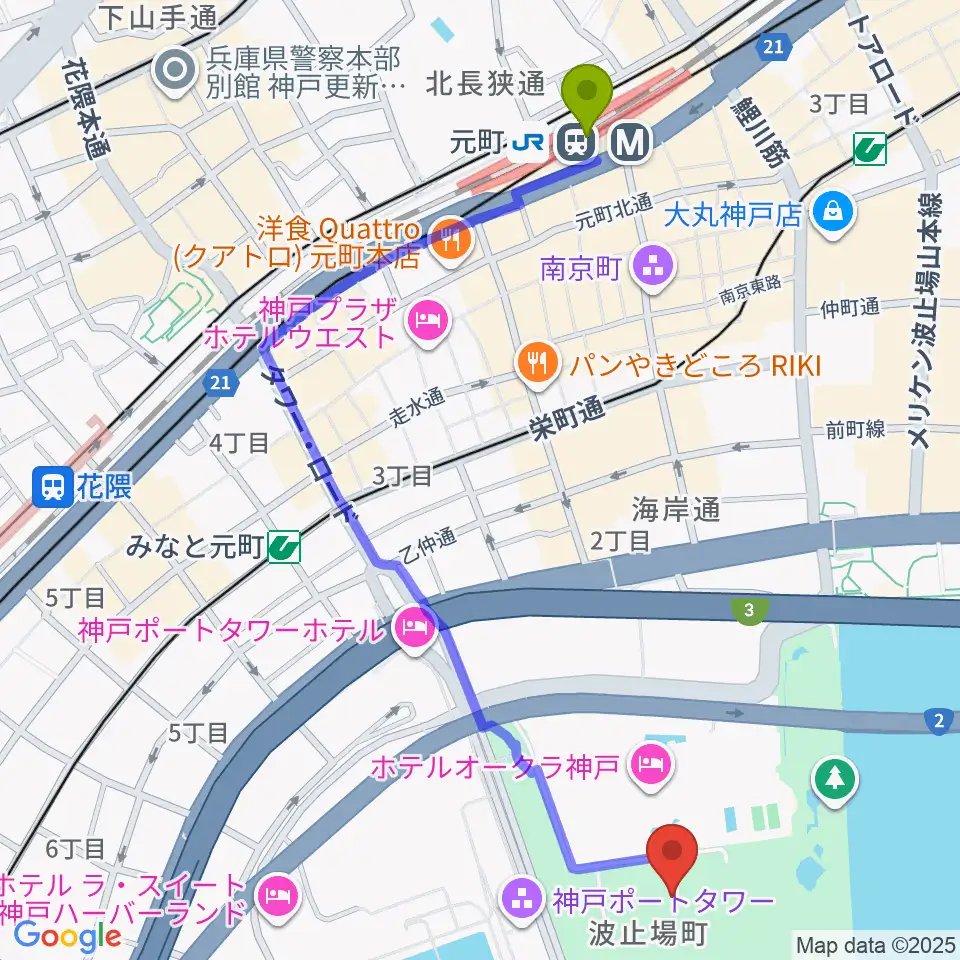元町駅から神戸海洋博物館へのルートマップ地図