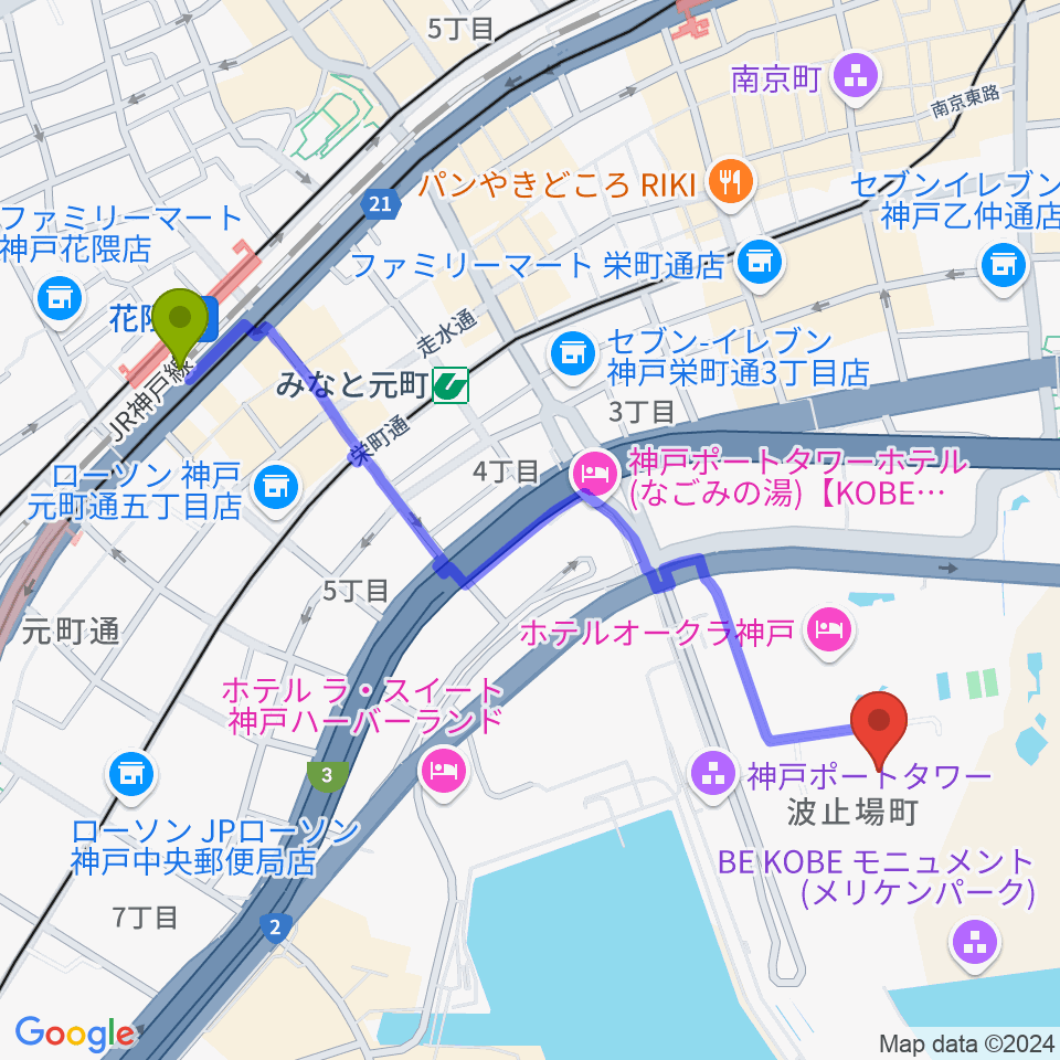 花隈駅から神戸海洋博物館へのルートマップ地図