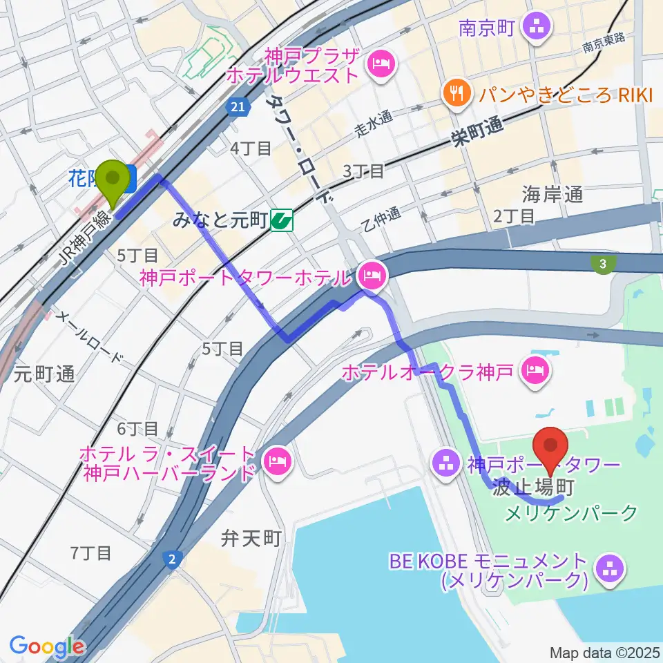 花隈駅から神戸海洋博物館へのルートマップ地図