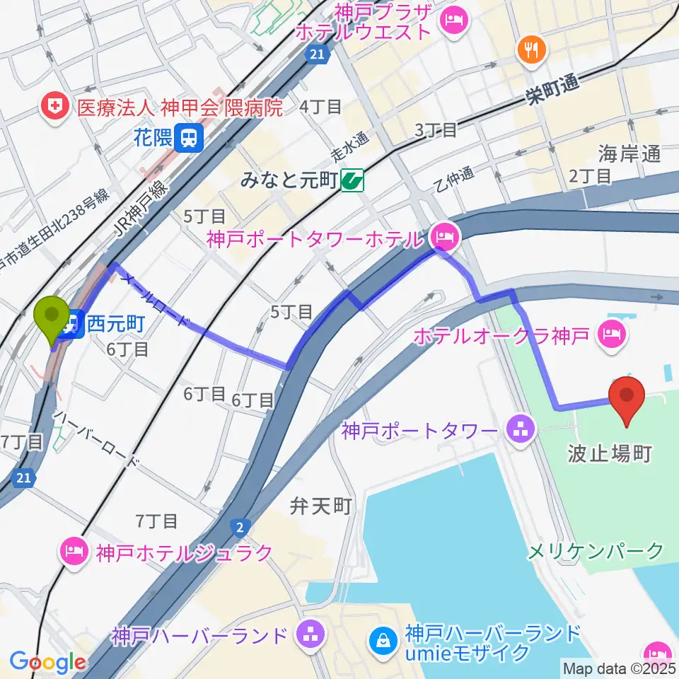 西元町駅から神戸海洋博物館へのルートマップ地図