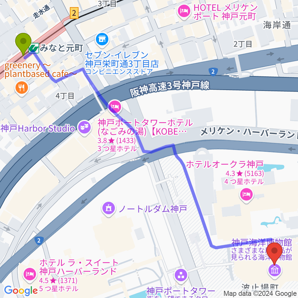 神戸海洋博物館の最寄駅みなと元町駅からの徒歩ルート（約9分）地図