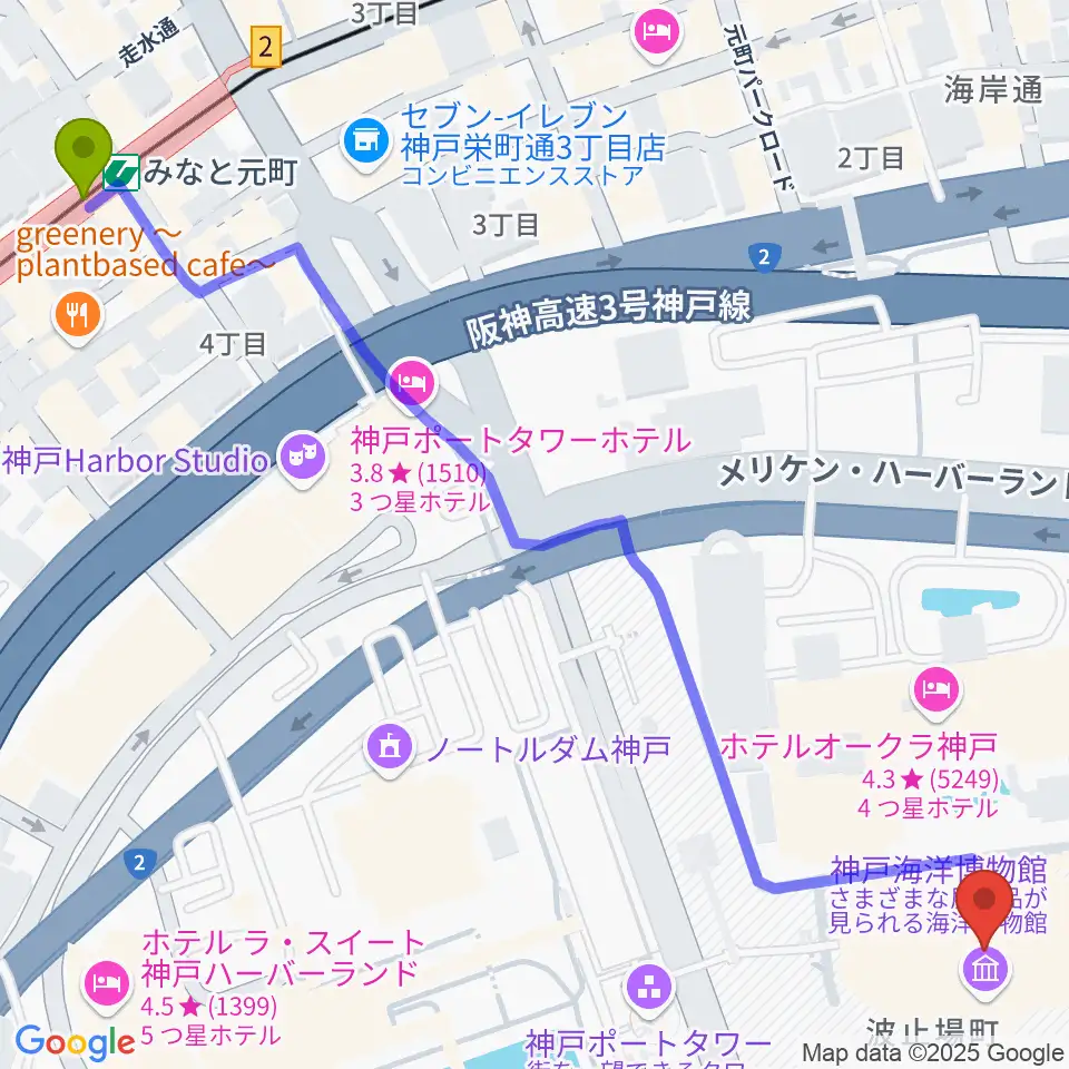 神戸海洋博物館の最寄駅みなと元町駅からの徒歩ルート（約9分）地図