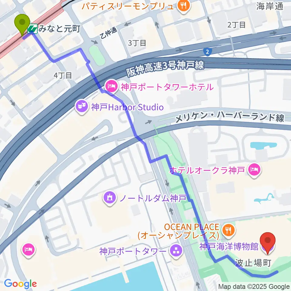 神戸海洋博物館の最寄駅みなと元町駅からの徒歩ルート（約9分）地図