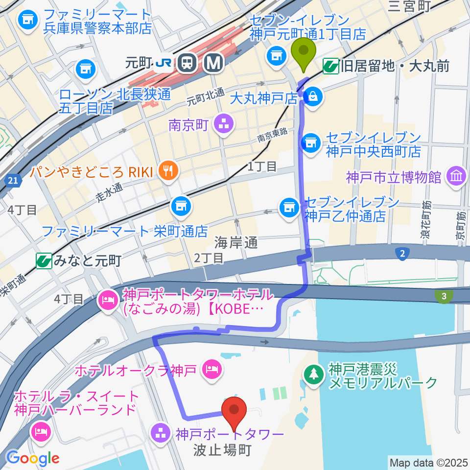 旧居留地・大丸前駅から神戸海洋博物館へのルートマップ地図