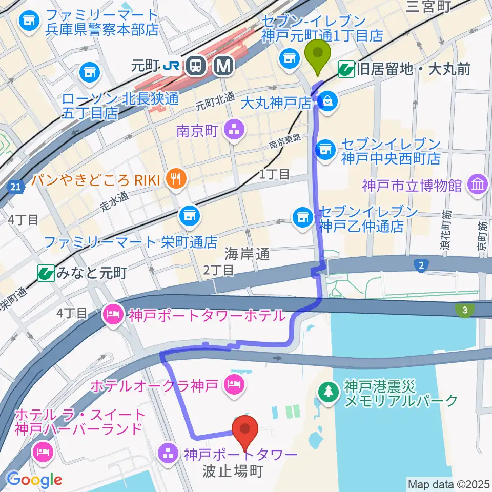 旧居留地・大丸前駅から神戸海洋博物館へのルートマップ地図