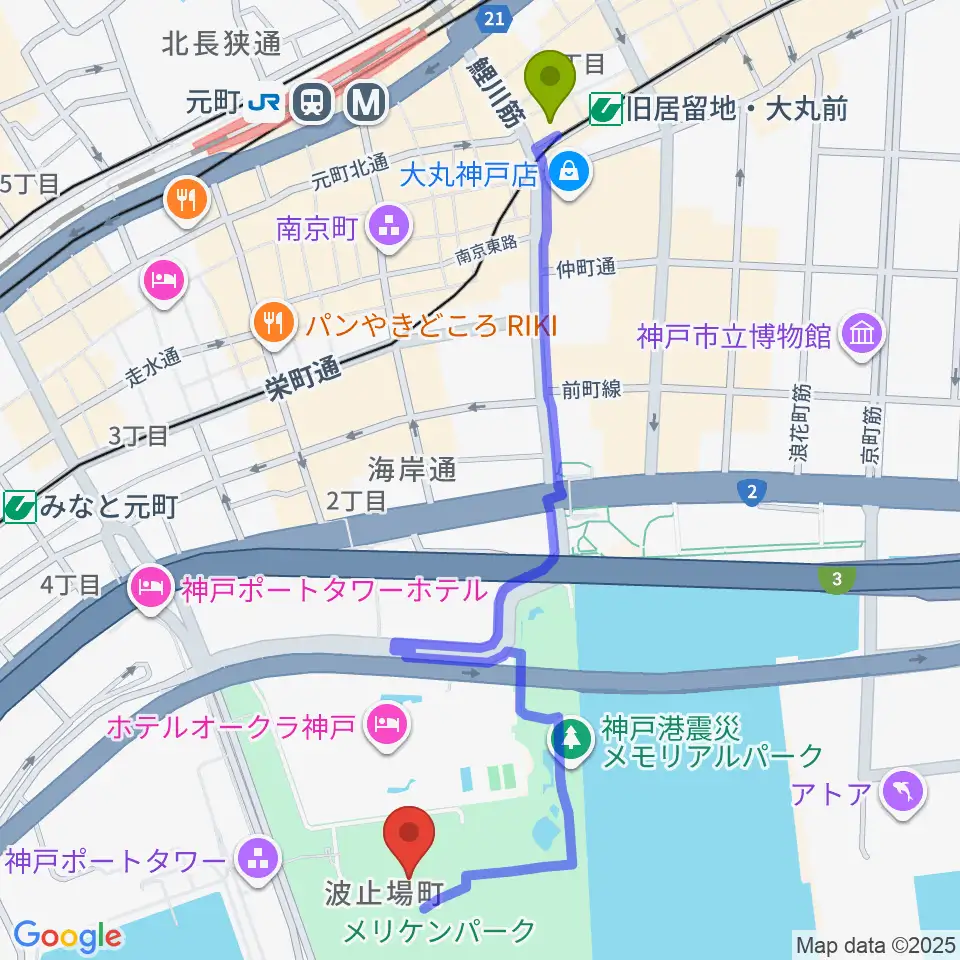旧居留地・大丸前駅から神戸海洋博物館へのルートマップ地図