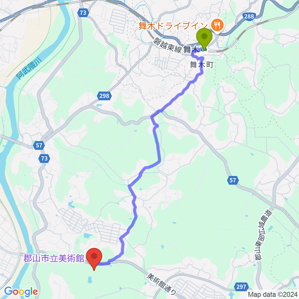 舞木駅から郡山市立美術館へのルートマップ地図