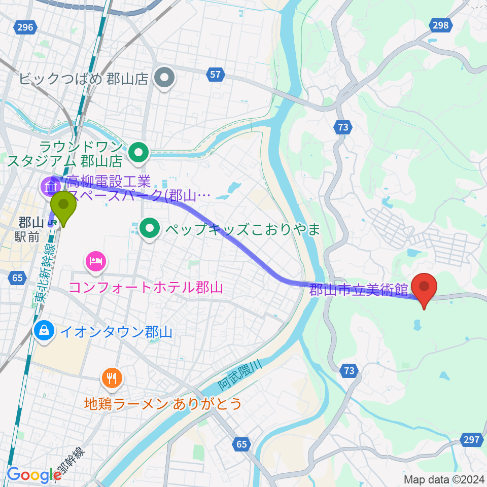 郡山市立美術館の最寄駅郡山駅からの徒歩ルート（約46分）地図