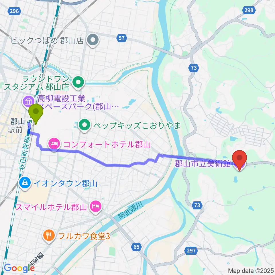 郡山市立美術館の最寄駅郡山駅からの徒歩ルート（約46分）地図