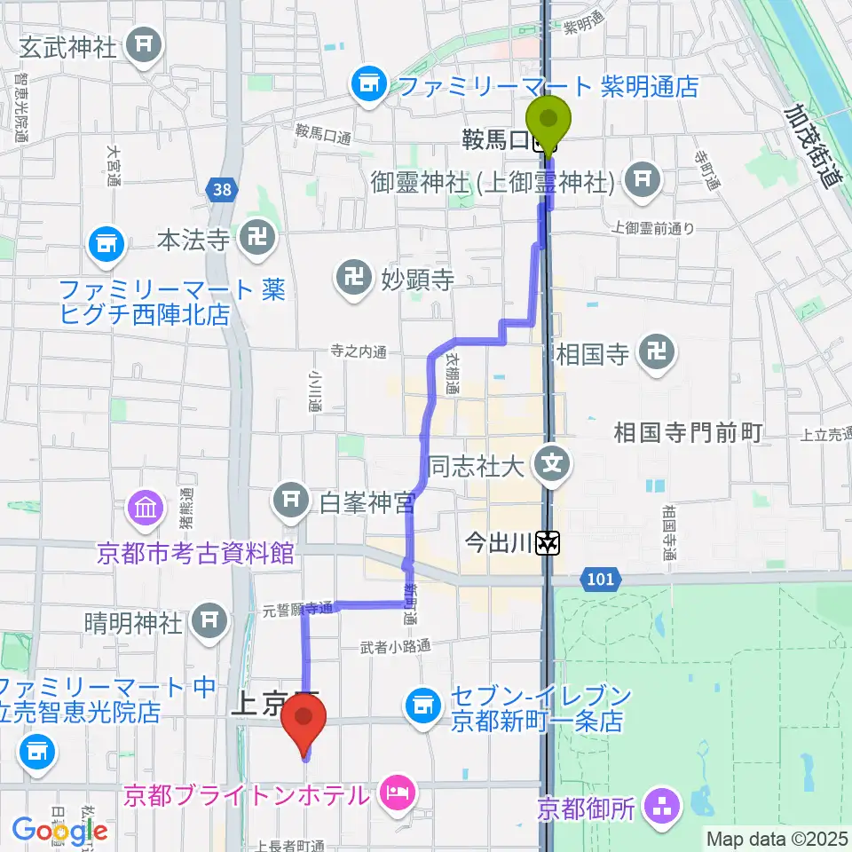 鞍馬口駅から樂美術館へのルートマップ地図