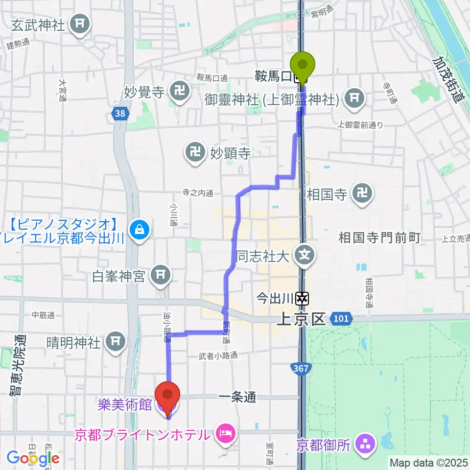 鞍馬口駅から樂美術館へのルートマップ地図