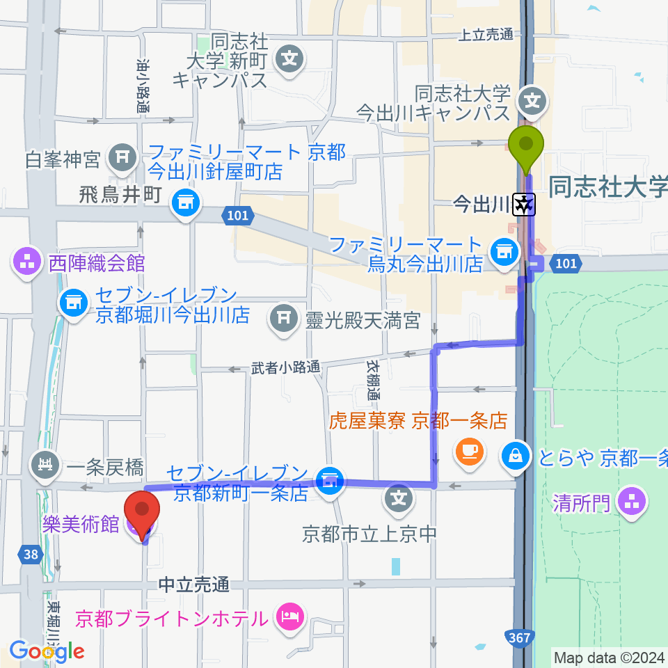 樂美術館の最寄駅今出川駅からの徒歩ルート（約12分）地図